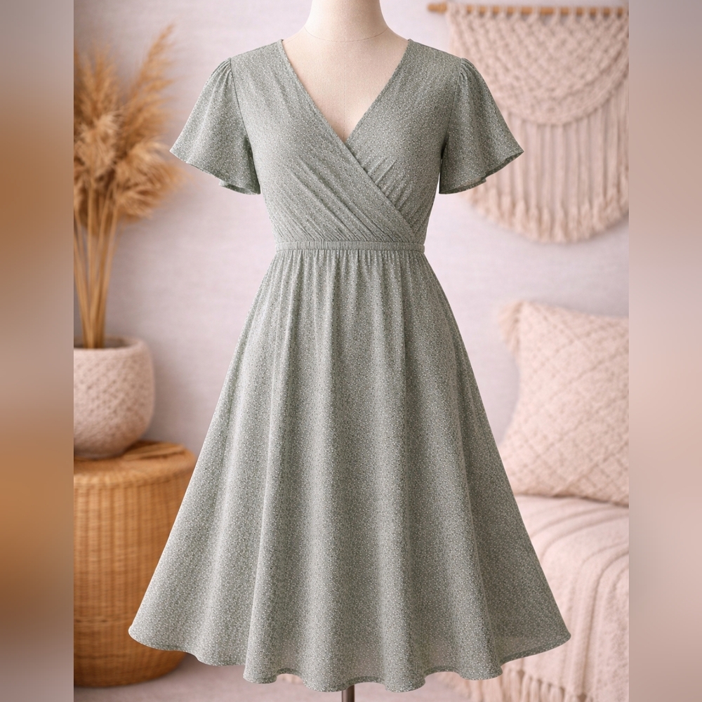 Fensace Soft Sage Green Patterned Mock‎ Wrap Dress